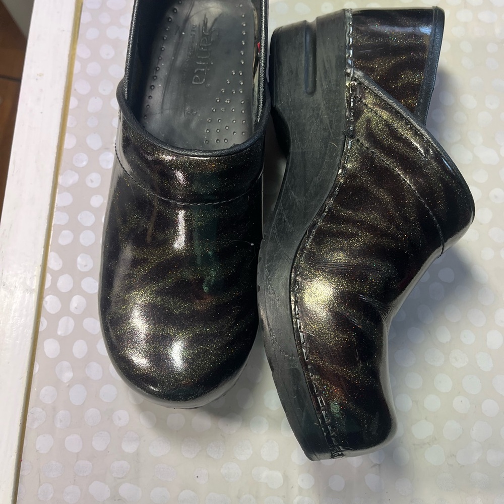 Sanita Shimmering Black and Gold Mules